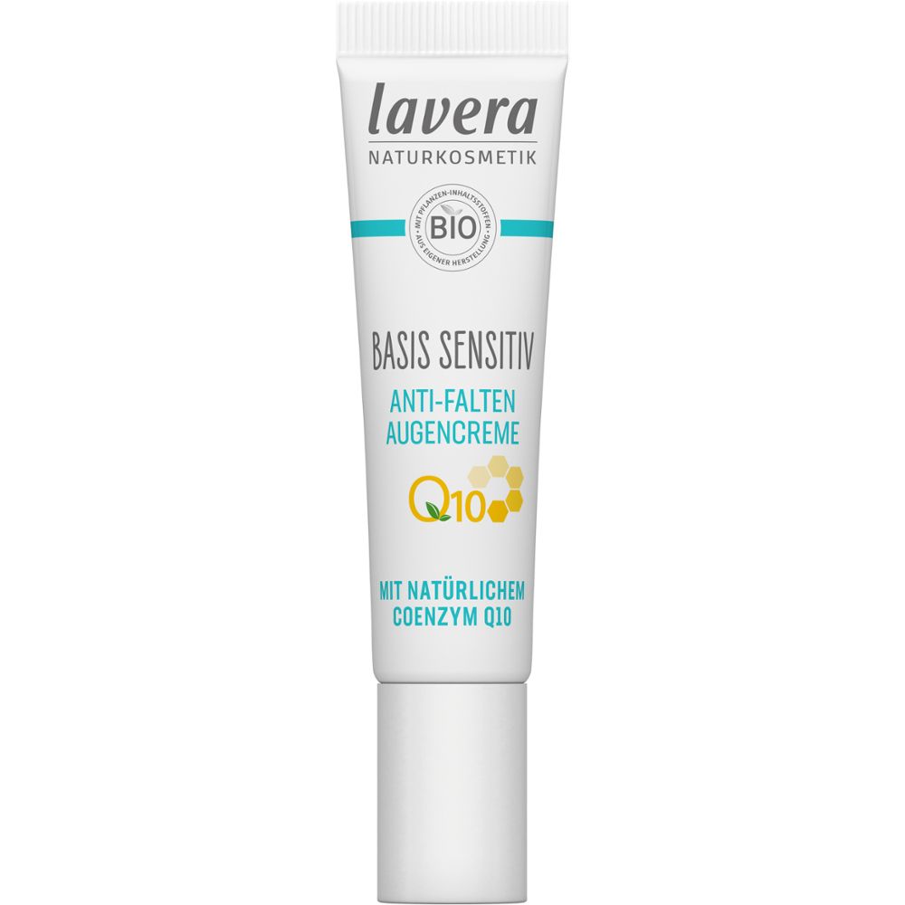 Tube de crème contour des yeux anti-rides Lavera Basis Sensitiv Q10 avec bouchon. Label Bio, logo Q10.