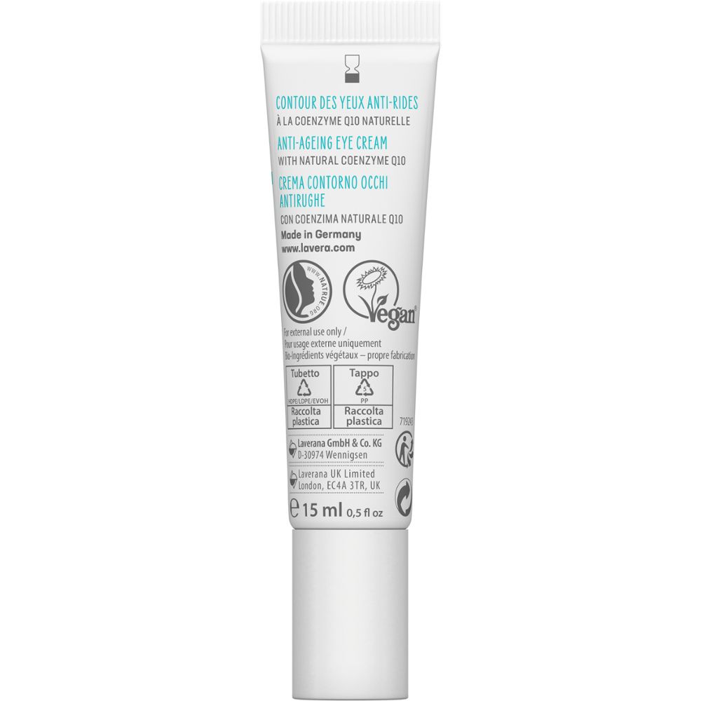 Arrière du tube de crème contour des yeux Lavera Basis Sensitiv Q10. Fabriqué en Allemagne, Label Vegan, Label Bio.