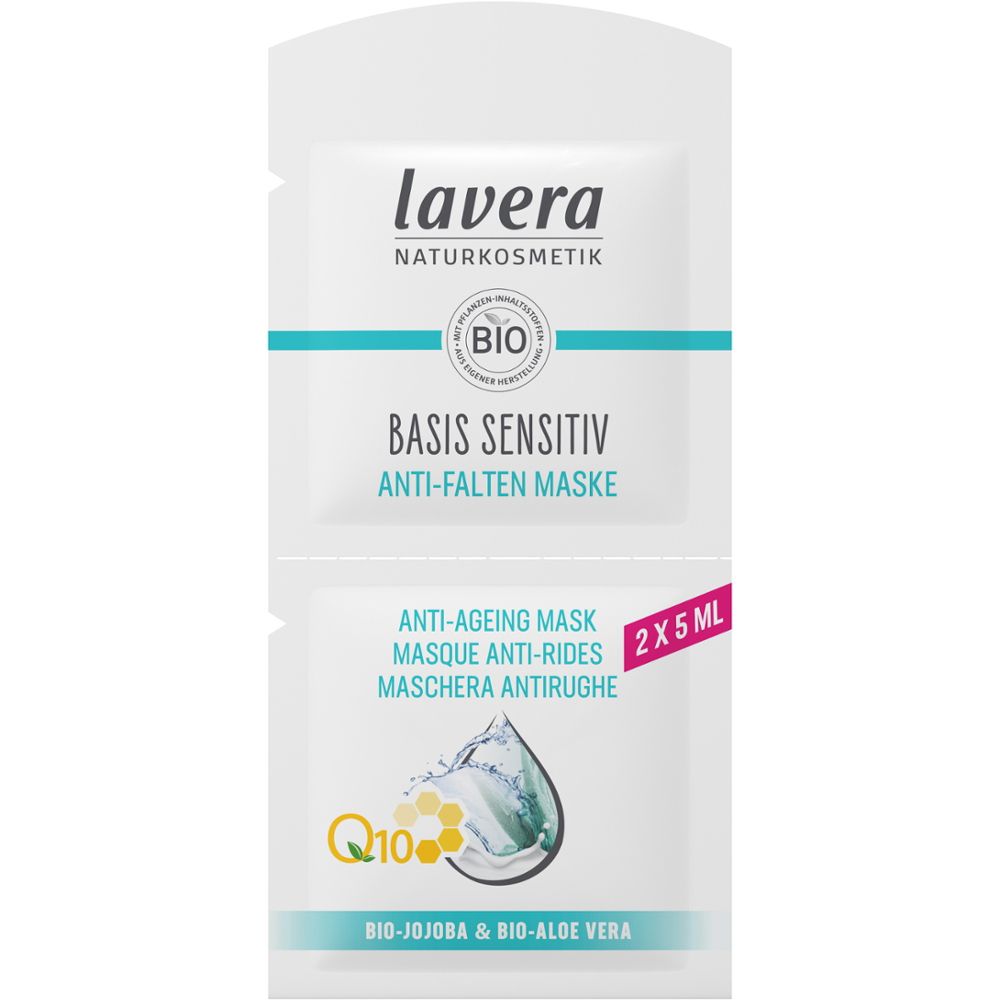Dubbelverpakking anti-aging masker. Merk: lavera. Tekst: Basis Sensitiv, Anti-Falten Maske. BIO-keurmerk. 2x5 ml.