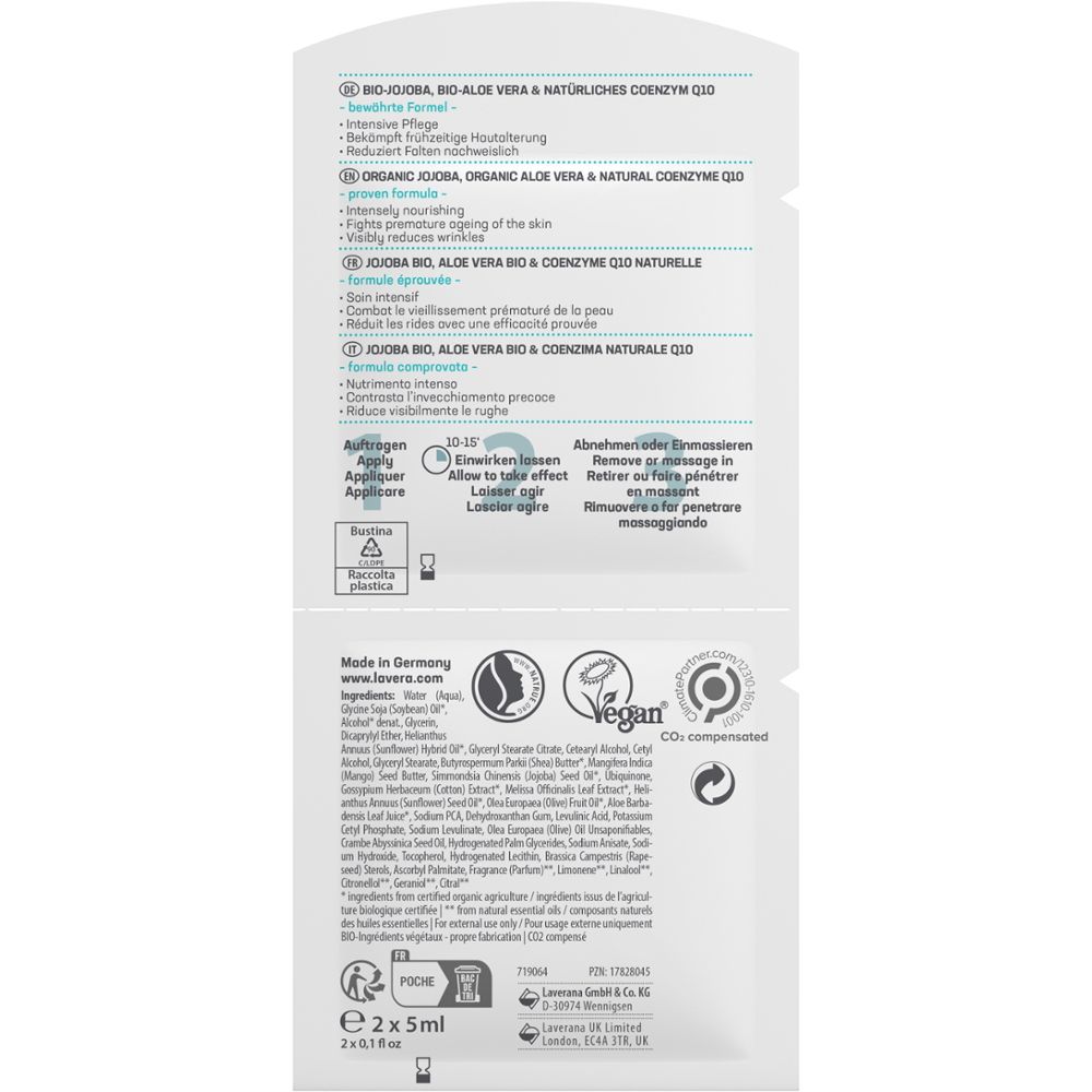 Achterkant van de dubbelverpakking. Tekst: ingrediënten, gebruiksaanwijzing, vegan, CO2-gecompenseerd. Gemaakt in Duitsland. 2x5 ml.