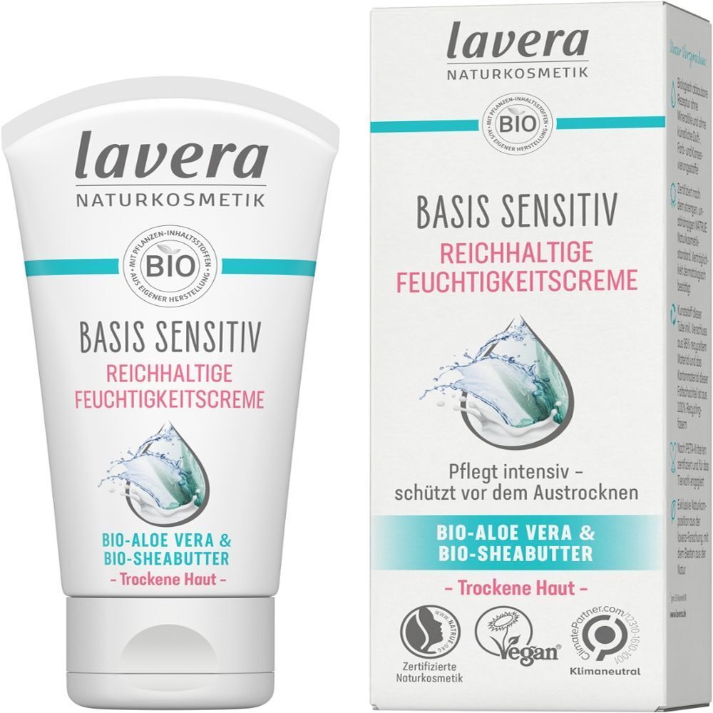 Crèmetube en doos. Opschrift: BASIS SENSITIV REICHHALTIGE FEUCHTIGKEITSCREME. Bio-Aloe Vera & Bio-Sheabutter. Droge huid.