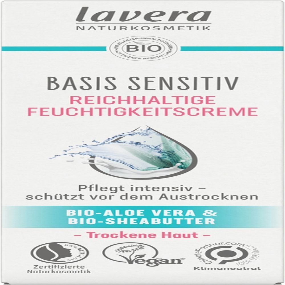 Doos met opschrift: BASIS SENSITIV REICHHALTIGE FEUCHTIGKEITSCREME. Bio-Aloe Vera & Bio-Sheabutter. Droge huid. Vegan-label.