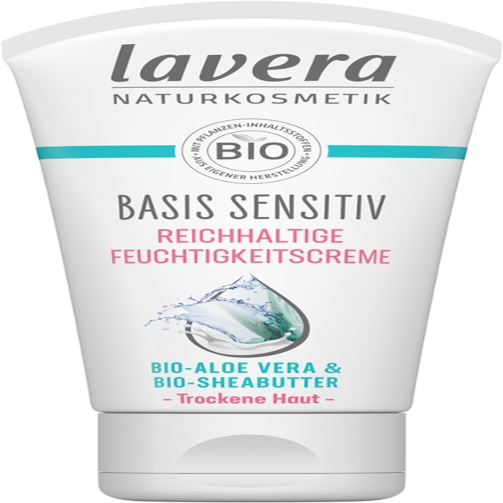 Crèmetube. Opschrift: BASIS SENSITIV REICHHALTIGE FEUCHTIGKEITSCREME. Bio-Aloe Vera & Bio-Sheabutter. Droge huid. Bio-label.