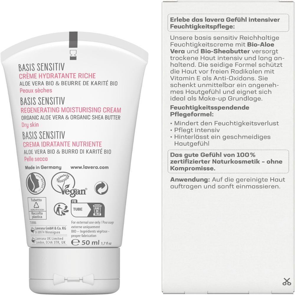 Achterkant van de crèmetube en doos. Meertalige opschriften. Vegan-label. 50 ml. Made in Germany.