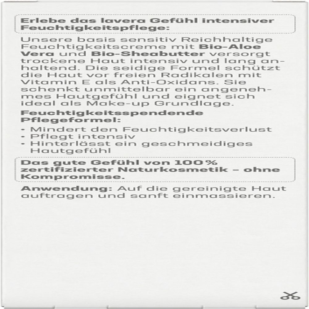 Achterkant van de doos. Tekst over de crème. Gebruiksaanwijzing. Gecertificeerde natuurlijke cosmetica. Vegan-label.