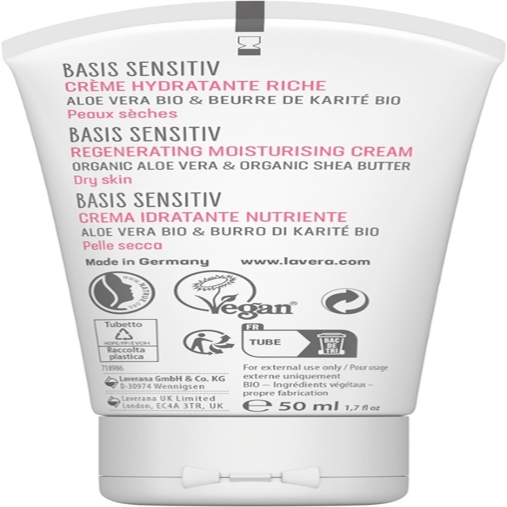 Achterkant van de crèmetube. Meertalige opschriften. Vegan-label. 50 ml. Made in Germany. www.lavera.com.