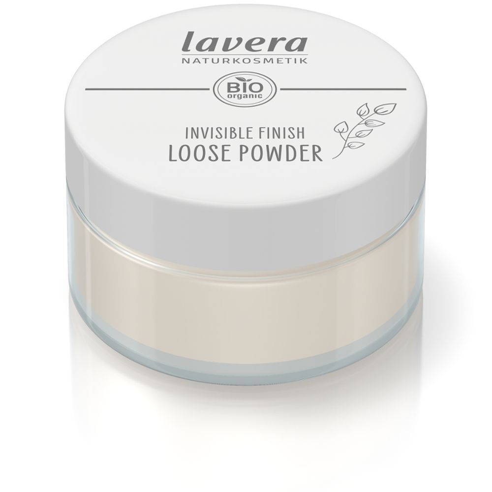 Boîte ronde de poudre libre. Sur le couvercle, on lit "lavera", "BIO organic" et "INVISIBLE FINISH LOOSE POWDER".