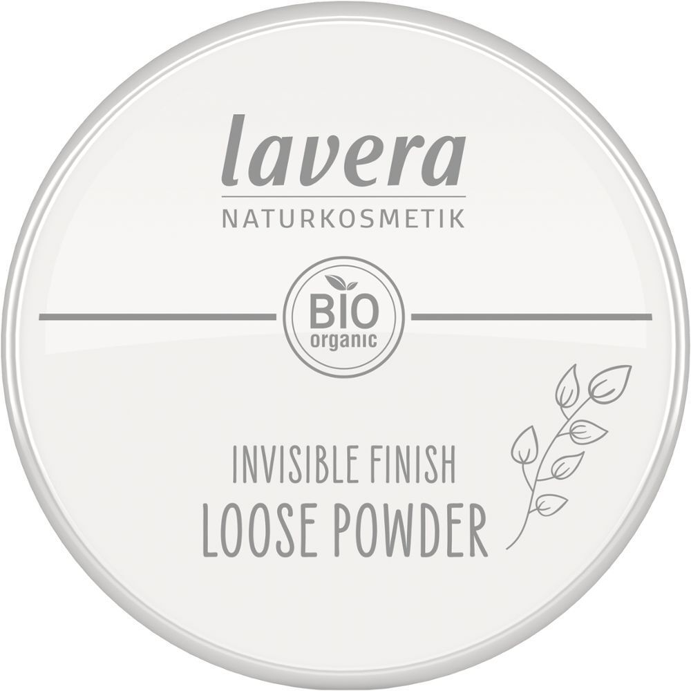 Vue de dessus d'un récipient rond avec couvercle. Sur le couvercle, on lit "lavera", "BIO organic" et "INVISIBLE FINISH LOOSE POWDER".