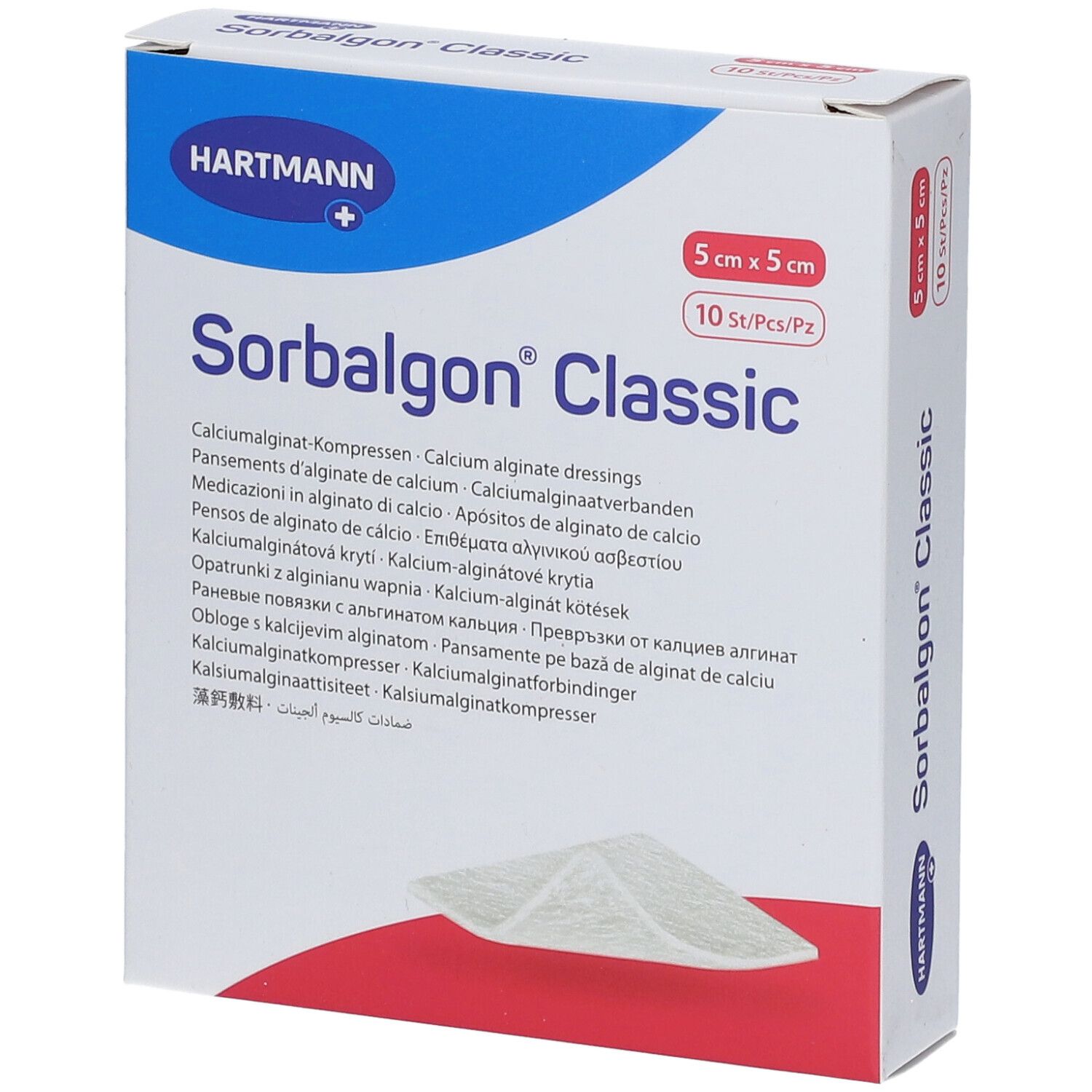 Verpakking Sorbalgon® Classic. Afmeting 5x5 cm, 10 stuks. Merk Hartmann. Meertalige tekst.