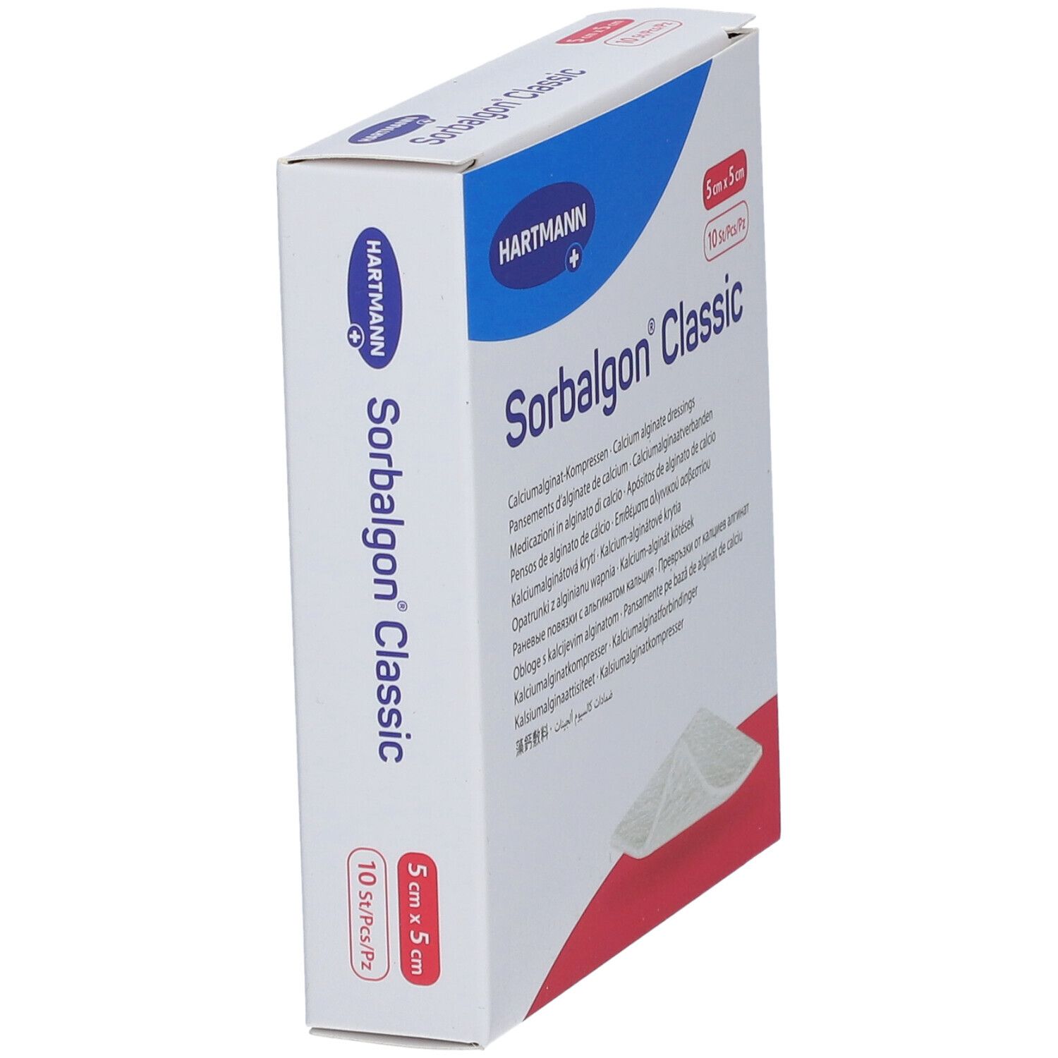 Schuine verpakking van Sorbalgon® Classic. Afmeting 5x5 cm, 10 stuks. Merk Hartmann.