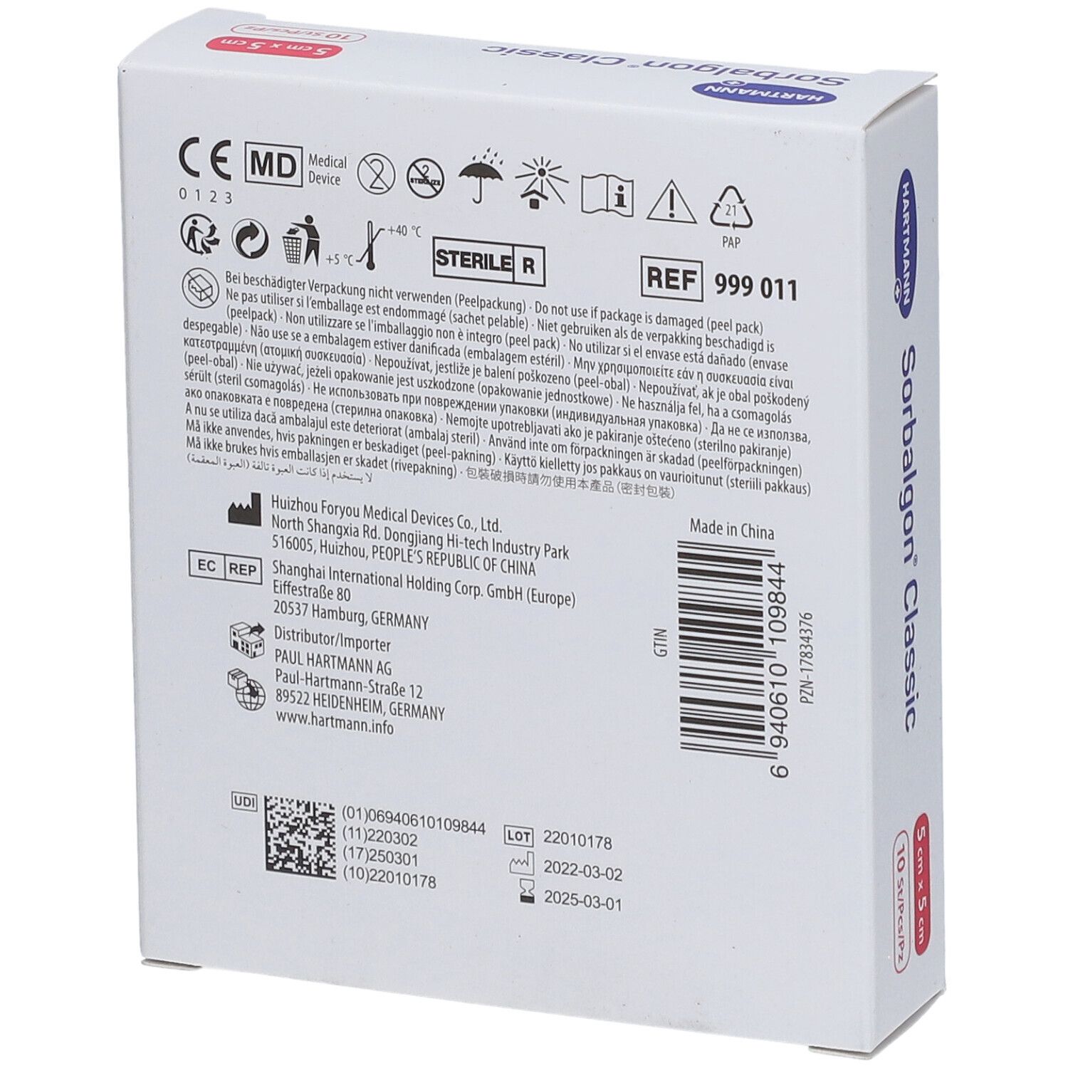 Achterkant van de verpakking van Sorbalgon® Classic. Fabrikant, lotnummer en houdbaarheid.