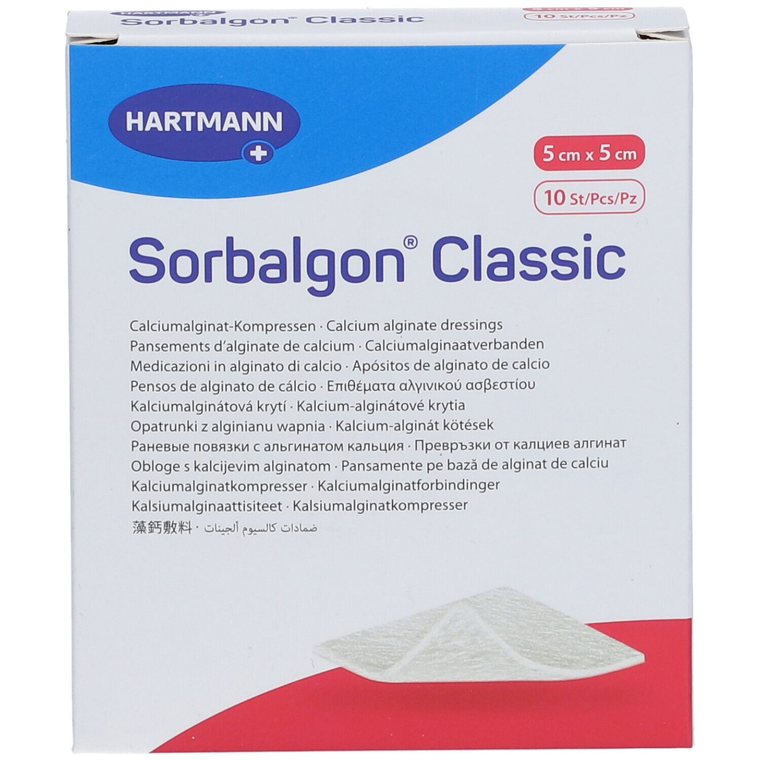 Verpakking Sorbalgon® Classic. Afmeting 5x5 cm, 10 stuks. Merk Hartmann. Meertalige tekst.
