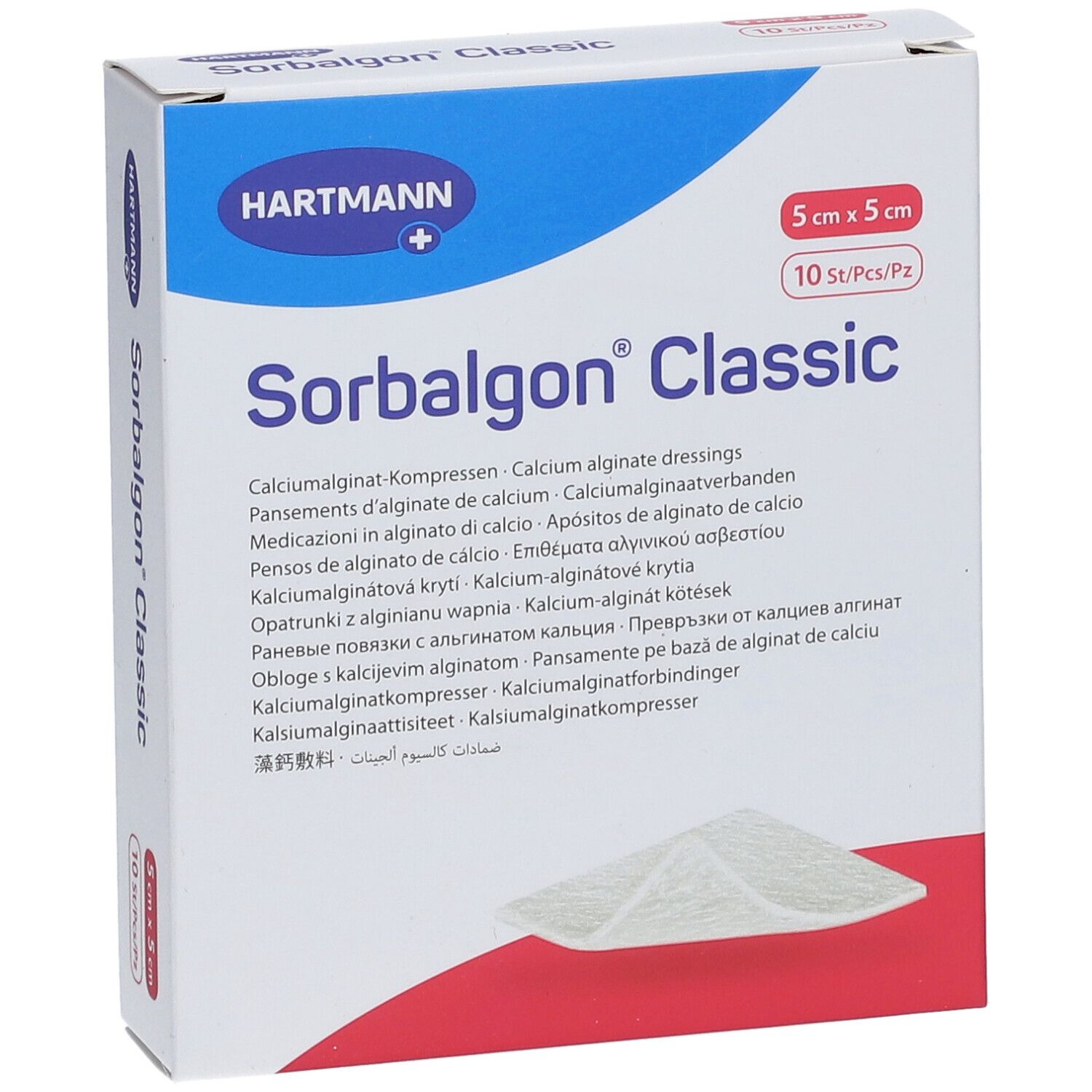 Verpakking Sorbalgon® Classic. Afmeting 5x5 cm, 10 stuks. Merk Hartmann. Meertalige tekst.