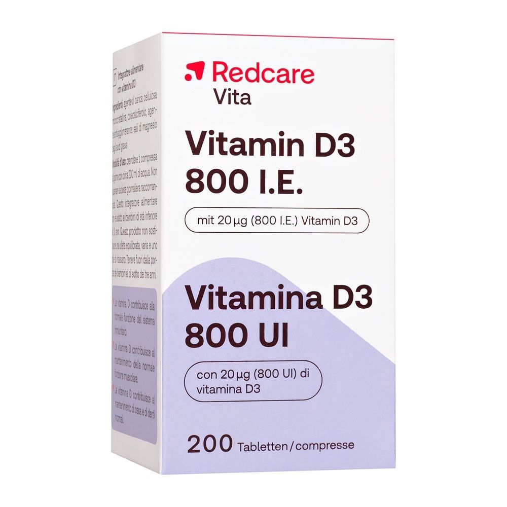 Emballage de Redcare Vitamine D3 800 UI avec 200 comprimés, vue latérale.