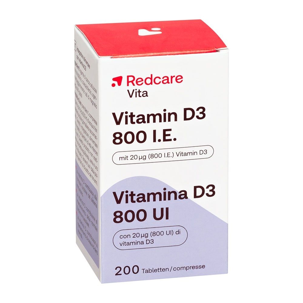 Emballage de Redcare Vitamine D3 800 UI avec 200 comprimés.