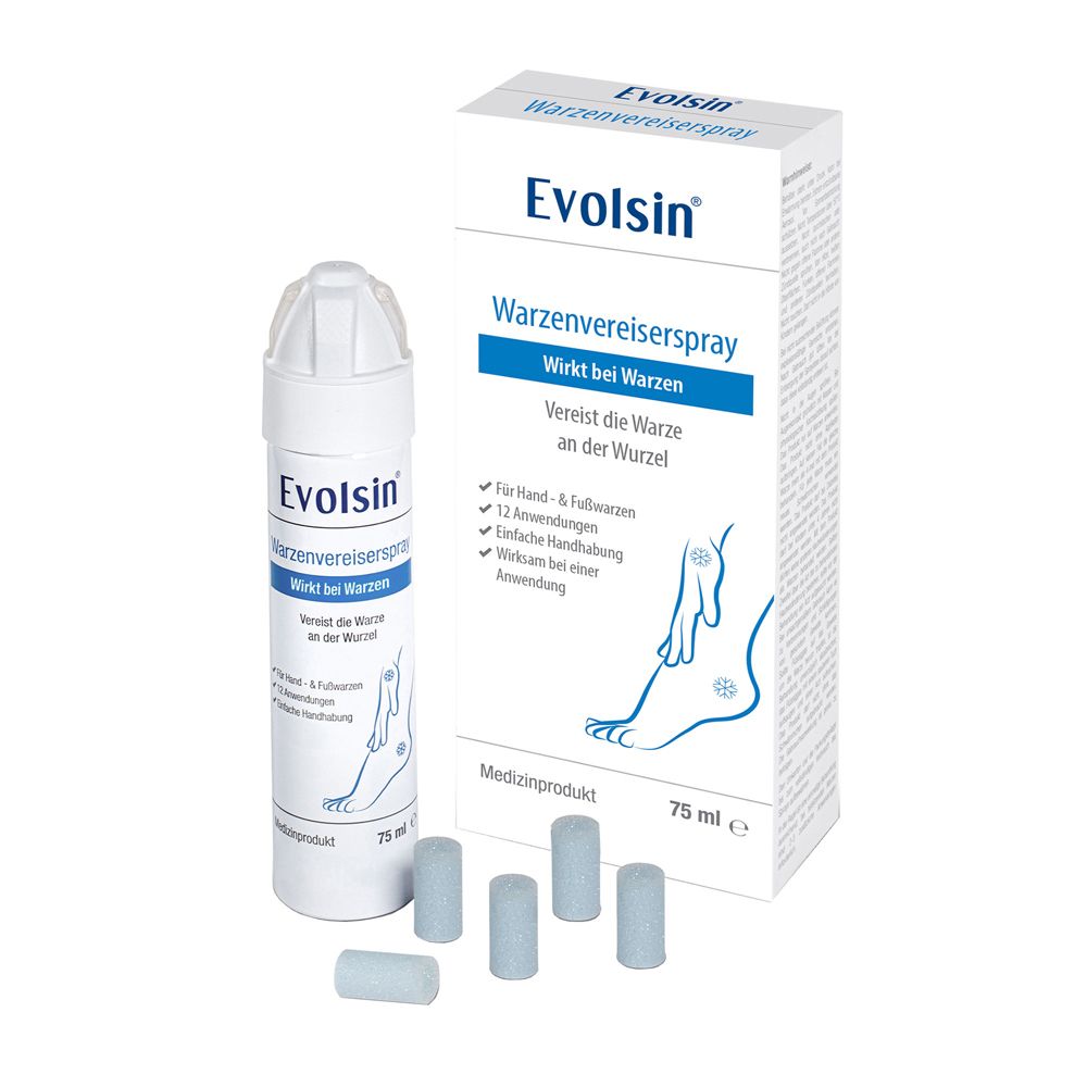 Spray et boîte Evolsin blancs. Contient des éponges. Dispositif médical pour cryothérapie des verrues.