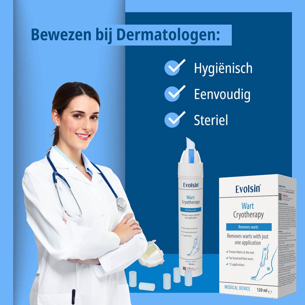 Arts met stethoscoop naast productverpakking en spray. Tekst: Evolsin Wart Cryotherapy, medisch hulpmiddel.