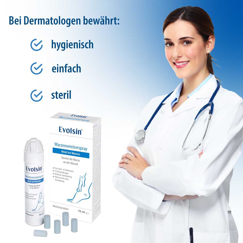 Médecin avec emballage et spray Evolsin. Texte : hygiénique, simple, stérile. Éponges.