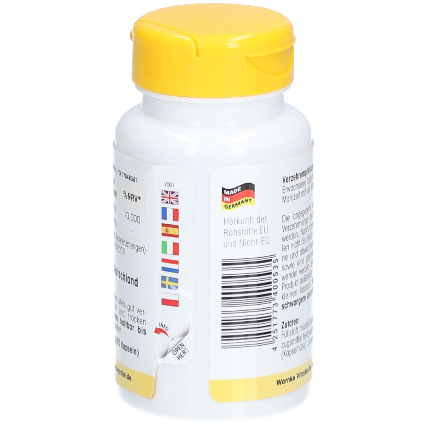 Dos du flacon blanc à bouchon jaune. Logo Made in Germany et drapeaux. Code-barres et texte: Open here!