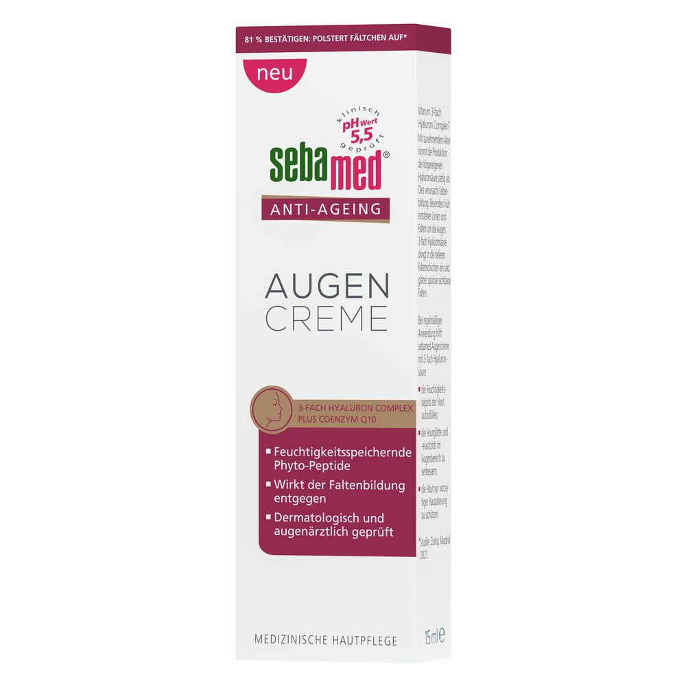 Crème contour des yeux anti-âge Sebamed avec complexe 3x hyaluron. Testée dermatologiquement et ophtalmologiquement.