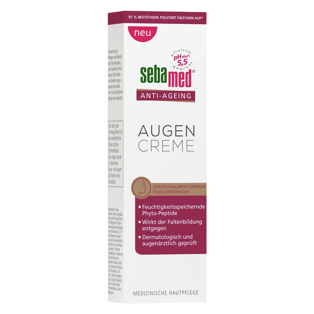 Sebamed Anti-Âge Crème pour les yeux. Tube blanc dans un emballage. Inscription : Augen Creme, pH 5,5, Anti-Âge. Logo "Neu".