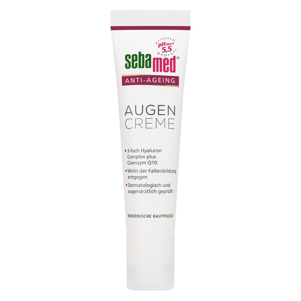Sebamed Anti-Âge Crème pour les yeux. Tube blanc avec bande rouge. Inscription : Augen Creme, pH 5,5, Anti-Âge. 15ml.