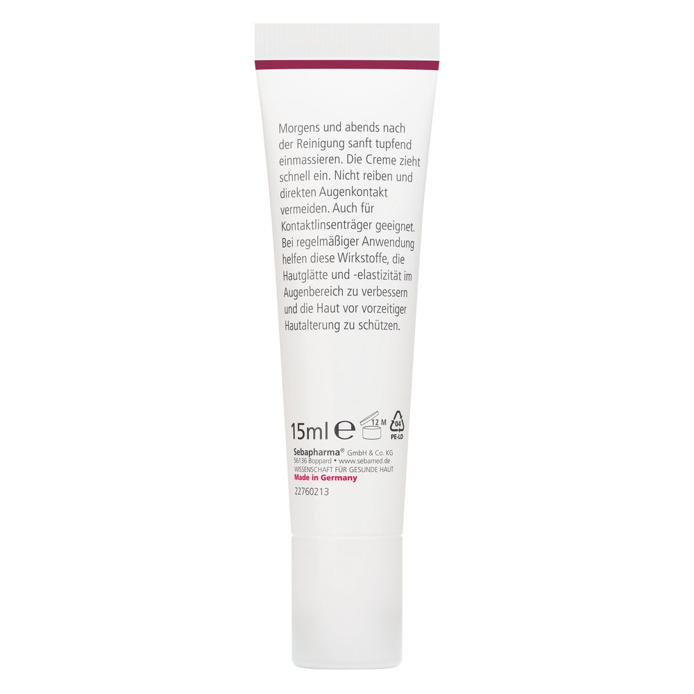 Dos du tube de crème pour les yeux Sebamed Anti-Âge. Texte en allemand. 15ml. Informations du fabricant. Fabriqué en Allemagne.