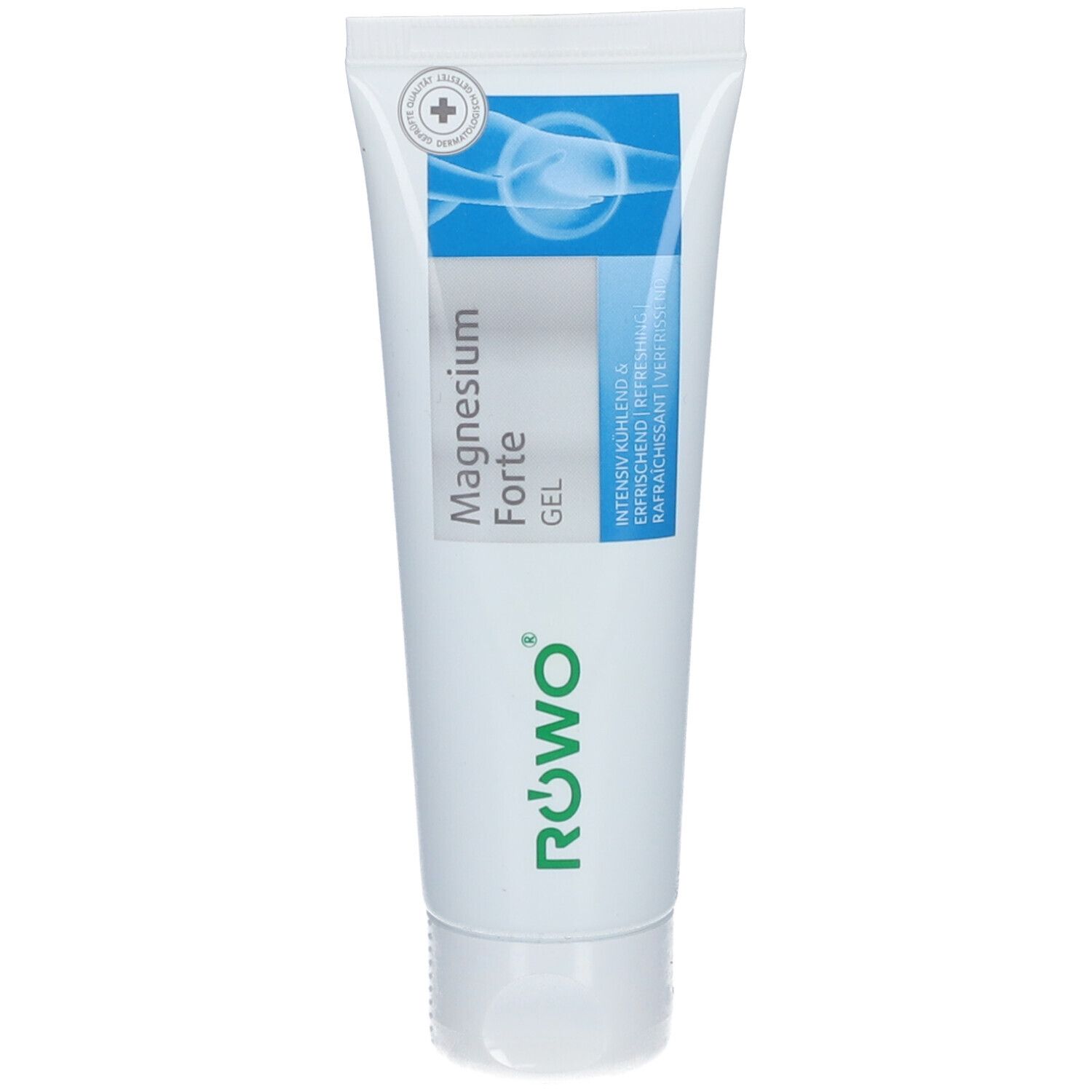 Witte en blauwe tube RÖWO Magnesium Forte Gel. Tekst: Magnesium Forte Gel, verfrissend. Groen logo.