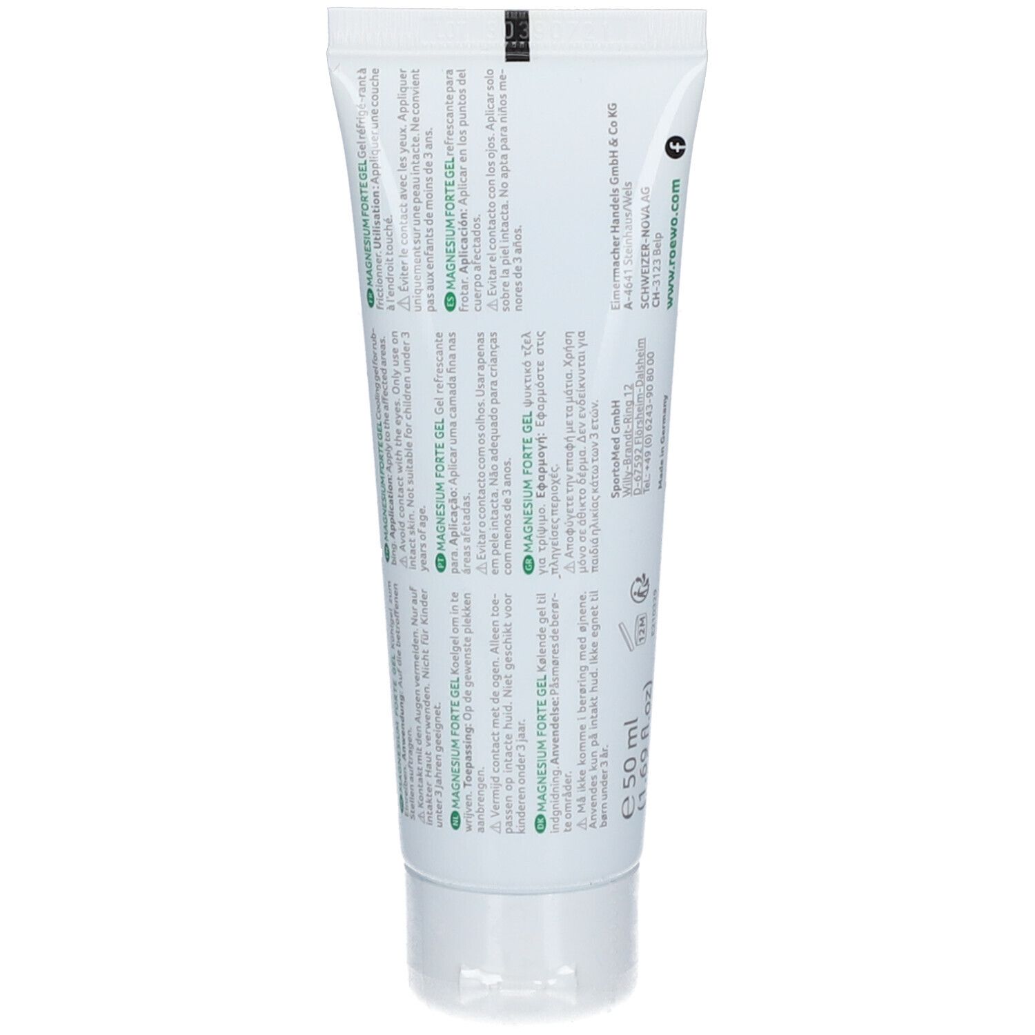 Achterkant van de tube met meertalige productinformatie. Tekst: Magnesium Forte Gel, gebruiksaanwijzing, ingrediënten.