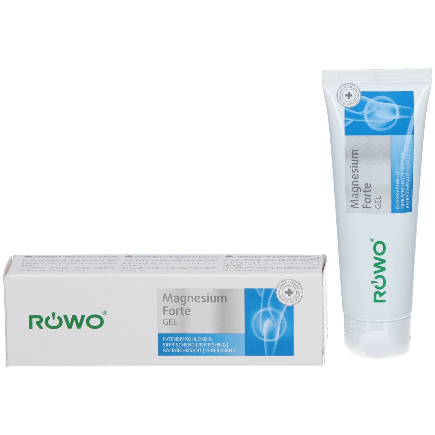 Productverpakking met tube RÖWO Magnesium Forte Gel. Doos en tube tonen naam en logo.