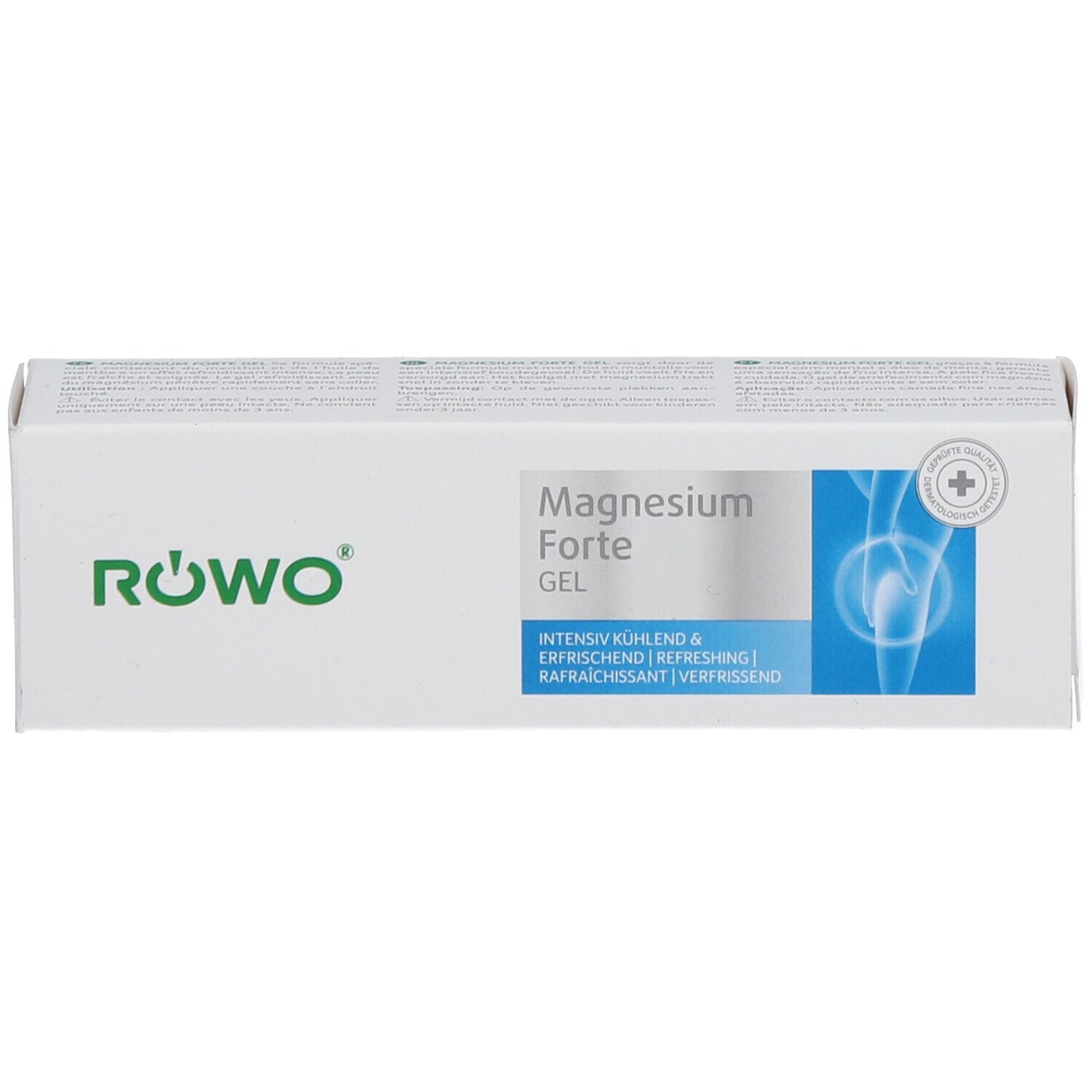 Witte productverpakking met RÖWO Magnesium Forte Gel. Tekst: Magnesium Forte Gel, logo, informatie.