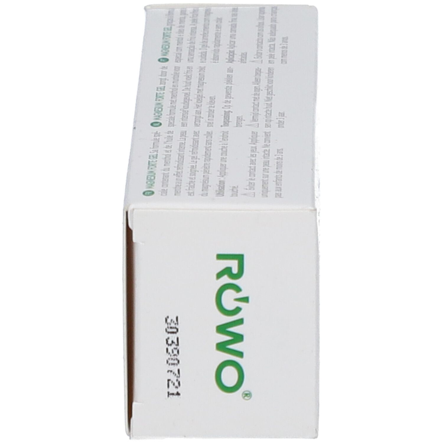 Zijaanzicht van de productverpakking. Groen RÖWO logo, productnaam, barcode en nummer.