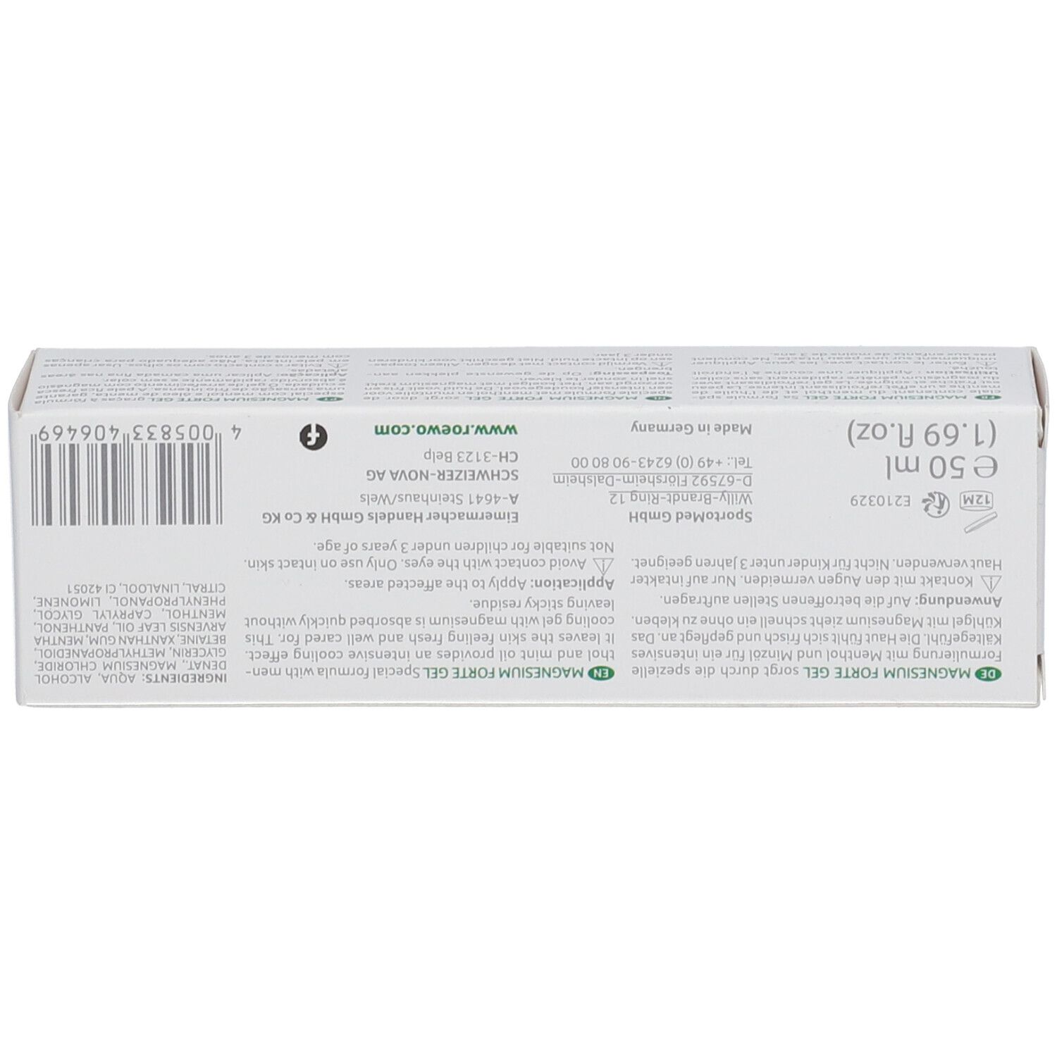 Achterkant van de productverpakking. Tekst: informatie, fabrikant, ingrediënten, volume.