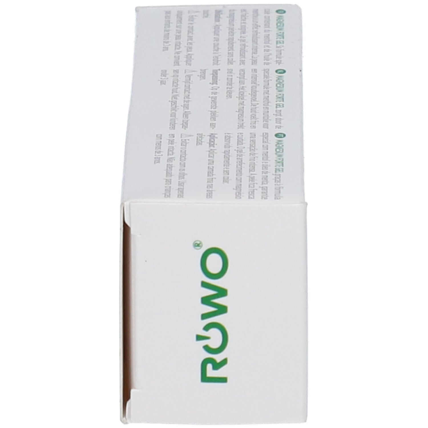 Zijaanzicht van de productverpakking. Groen RÖWO logo, productnaam en informatie.