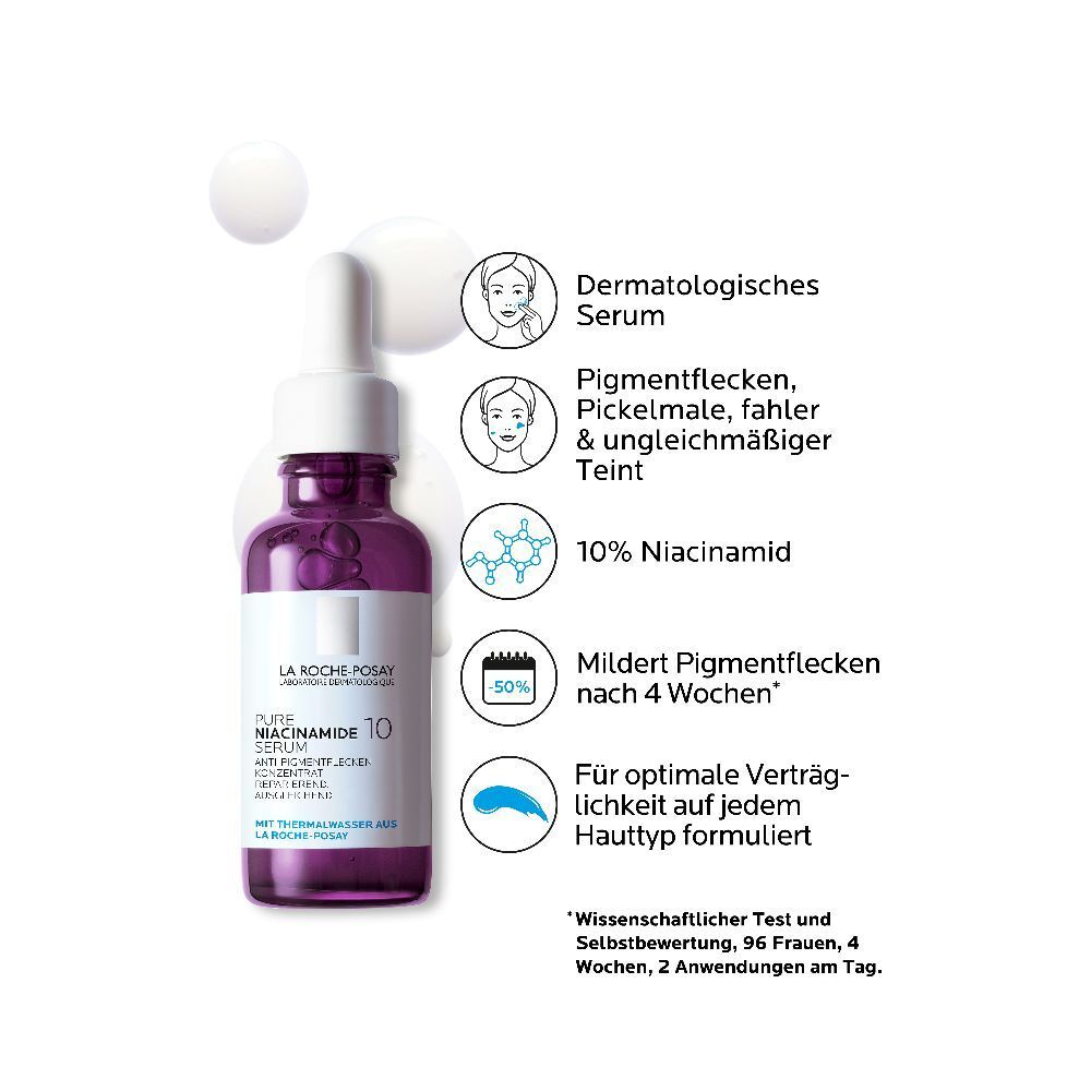 Flesje met serum en tekst. Tekst: 10% Niacinamide, vermindert pigmentvlekken na 4 weken.
