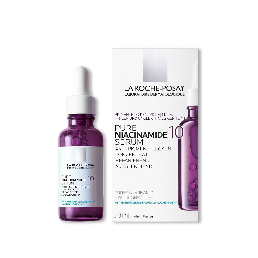 Productfles en verpakking. Opschrift: La Roche-Posay PURE NIACINAMIDE 10 Serum.
