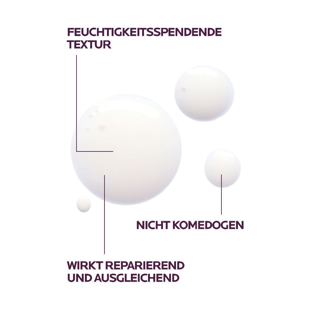 Witte druppels. Tekst: hydraterende textuur, niet-comedogeen, herstellend effect.