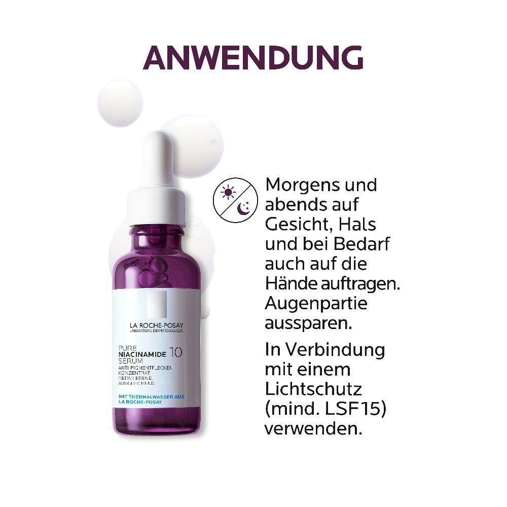 Flesje met serum en pictogrammen. Tekst: 's Ochtends en 's avonds op het gezicht aanbrengen.