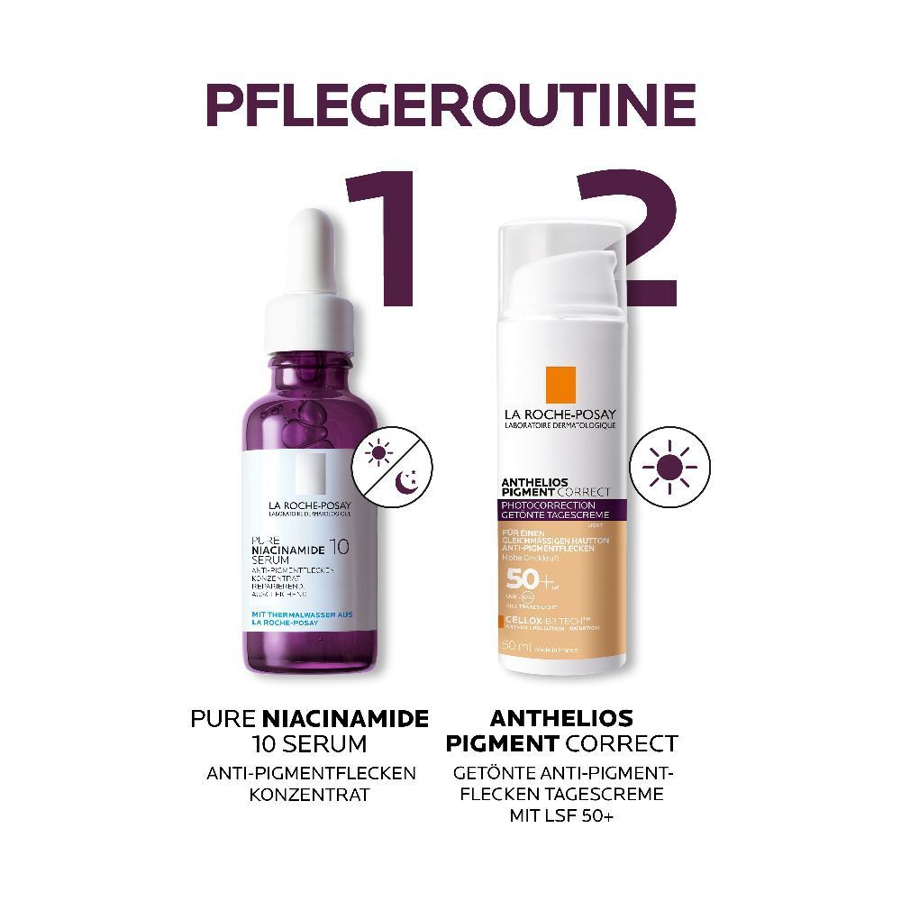 Productafbeelding. La Roche-Posay PURE NIACINAMIDE 10 Serum en getinte dagcrème.