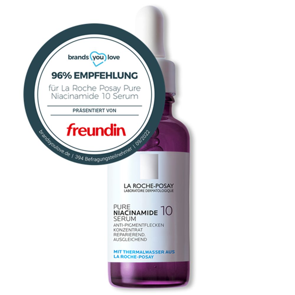 Flesje met serum en onderscheiding. Tekst: 96% aanbeveling voor La Roche-Posay Serum.