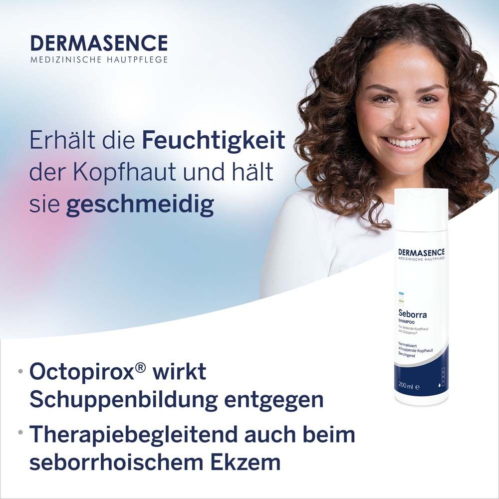 Flacon de shampooing. Texte: DERMASENCE, Seborra Shampoo. Application: Appliquer une quantité de la taille d'une noix.