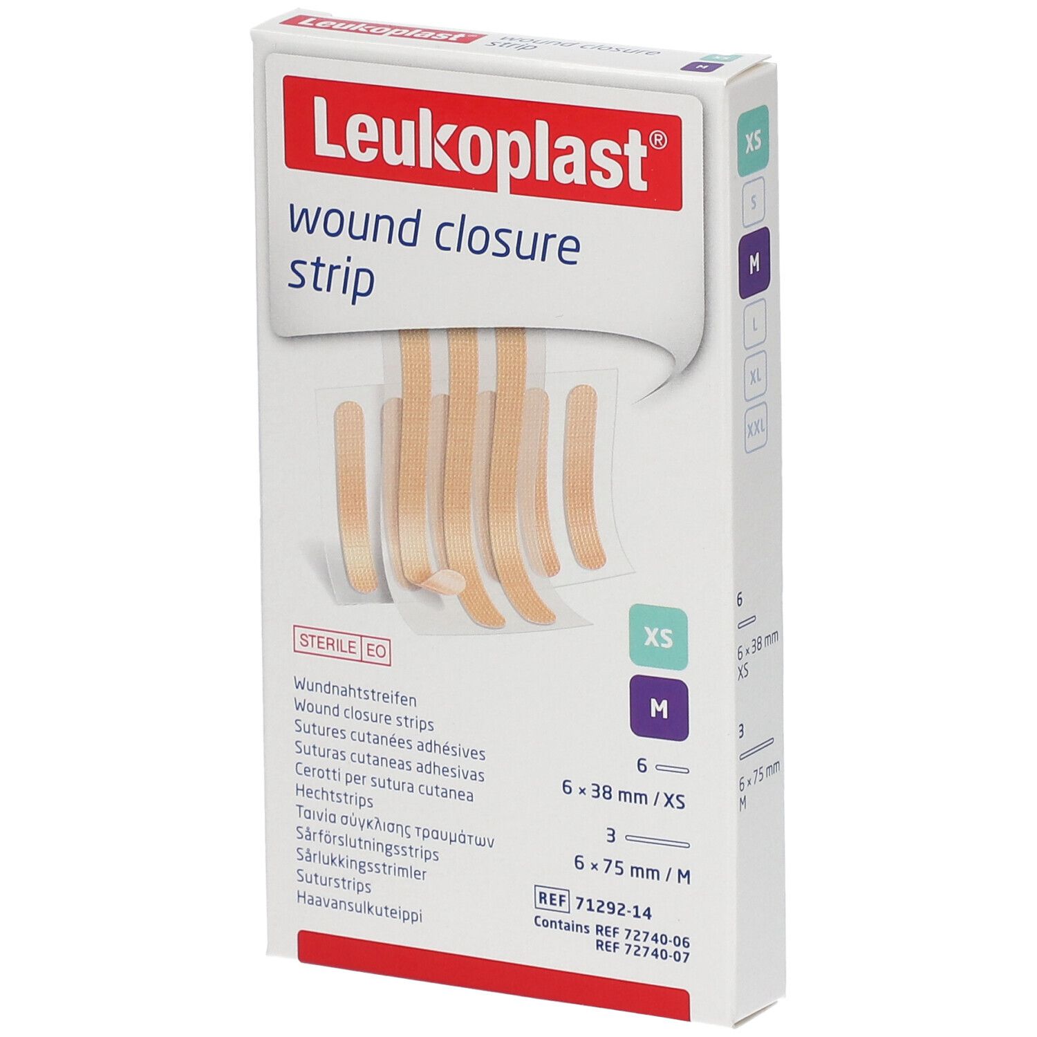 Verpakking Leukoplast wondsluitstrips. Bevat strips in XS en M maten. Steriel EO.