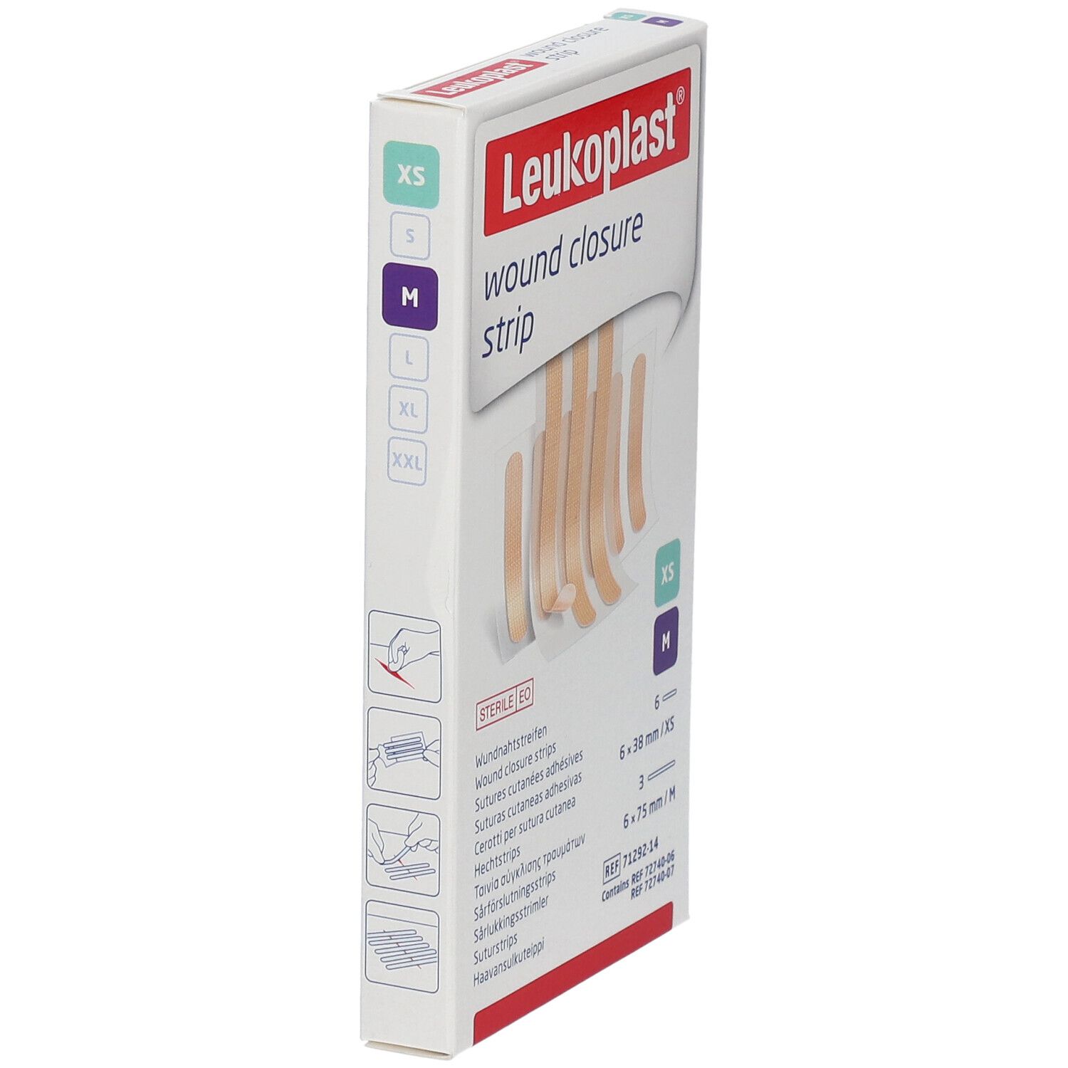 Zijaanzicht verpakking Leukoplast wondsluitstrips. Maten XS en M gemarkeerd. Steriel EO.