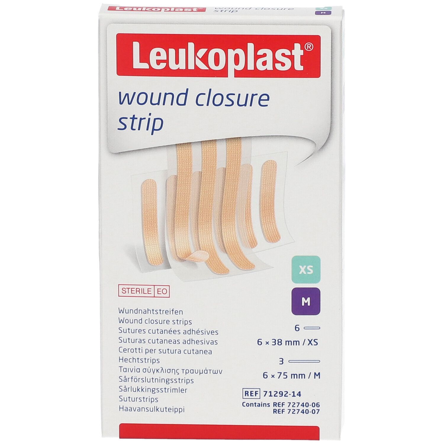 Verpakking Leukoplast wondsluitstrips. Strips in XS en M maten. Steriel EO.