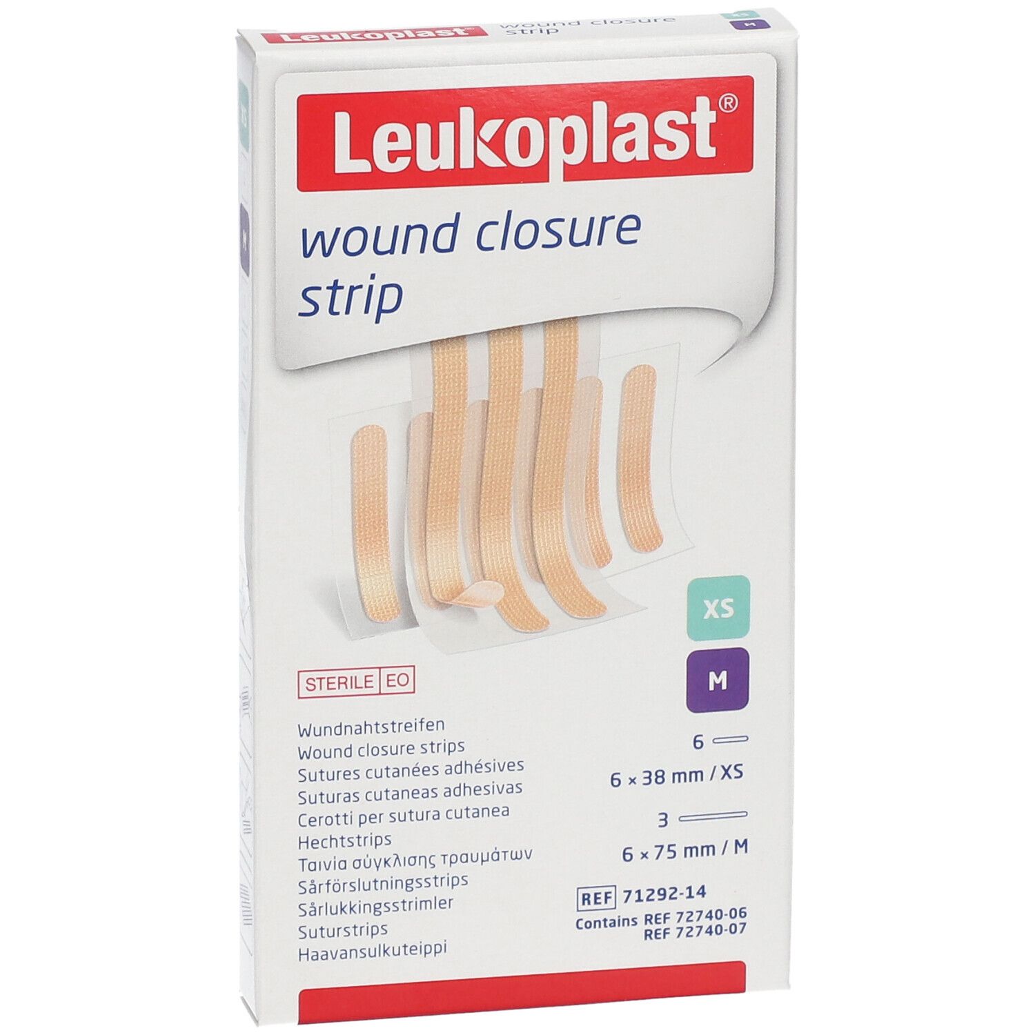 Verpakking Leukoplast wondsluitstrips. Strips in XS en M maten. Steriel EO.