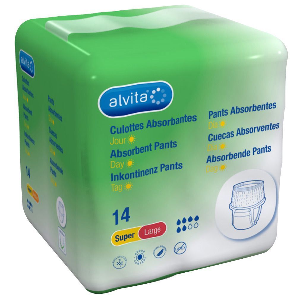 Paquet de 14 culottes absorbantes Alvita Super Large. Emballage vert et blanc. Illustration du produit et pictogrammes.