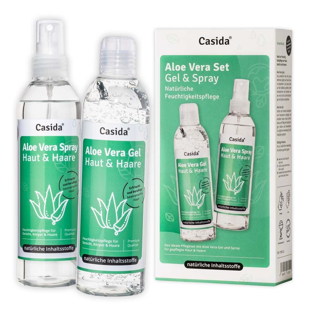 Aloe vera gel en spray van Casida. Twee flessen en een verpakking met productinformatie.