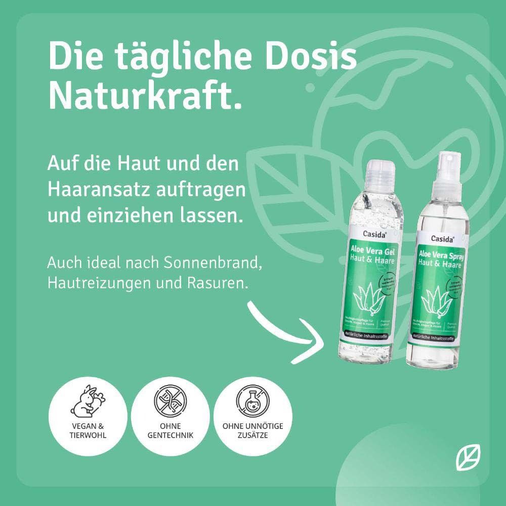Gebruiksaanwijzing voor Casida Aloe Vera Gel en Spray. Vegan, zonder genetische manipulatie en zonder toevoegingen.