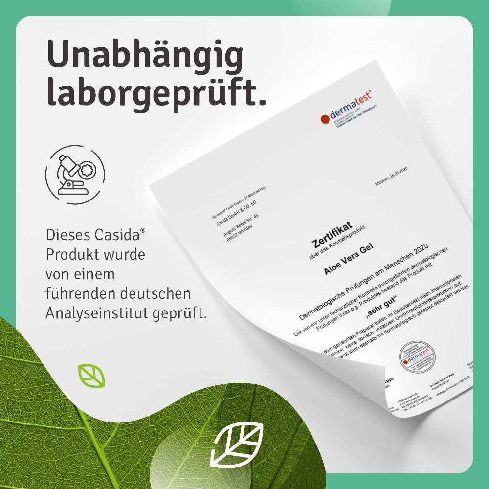 Dermatest certificaat voor Casida Aloe Vera. Getest door een Duits analyse-instituut. Zeer goed.