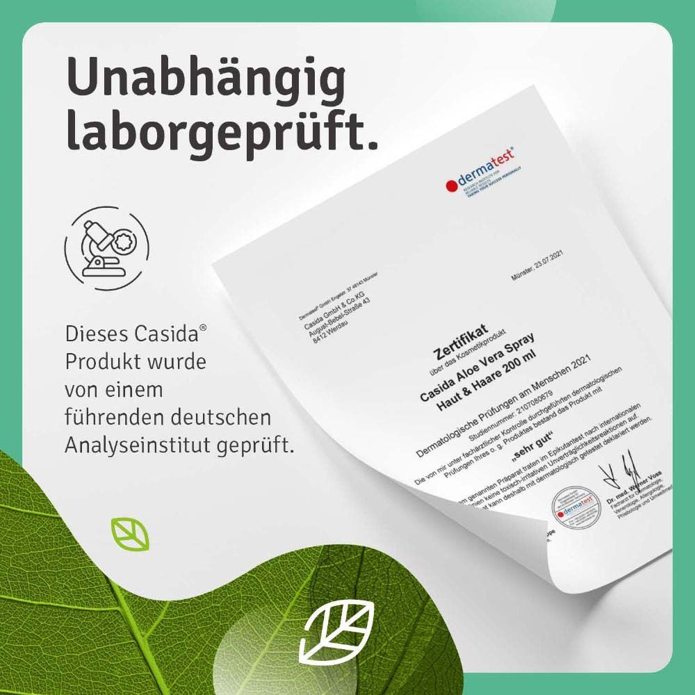 Dermatest certificaat voor Casida Aloe Vera Spray. Getest door een Duits analyse-instituut. Zeer goed.